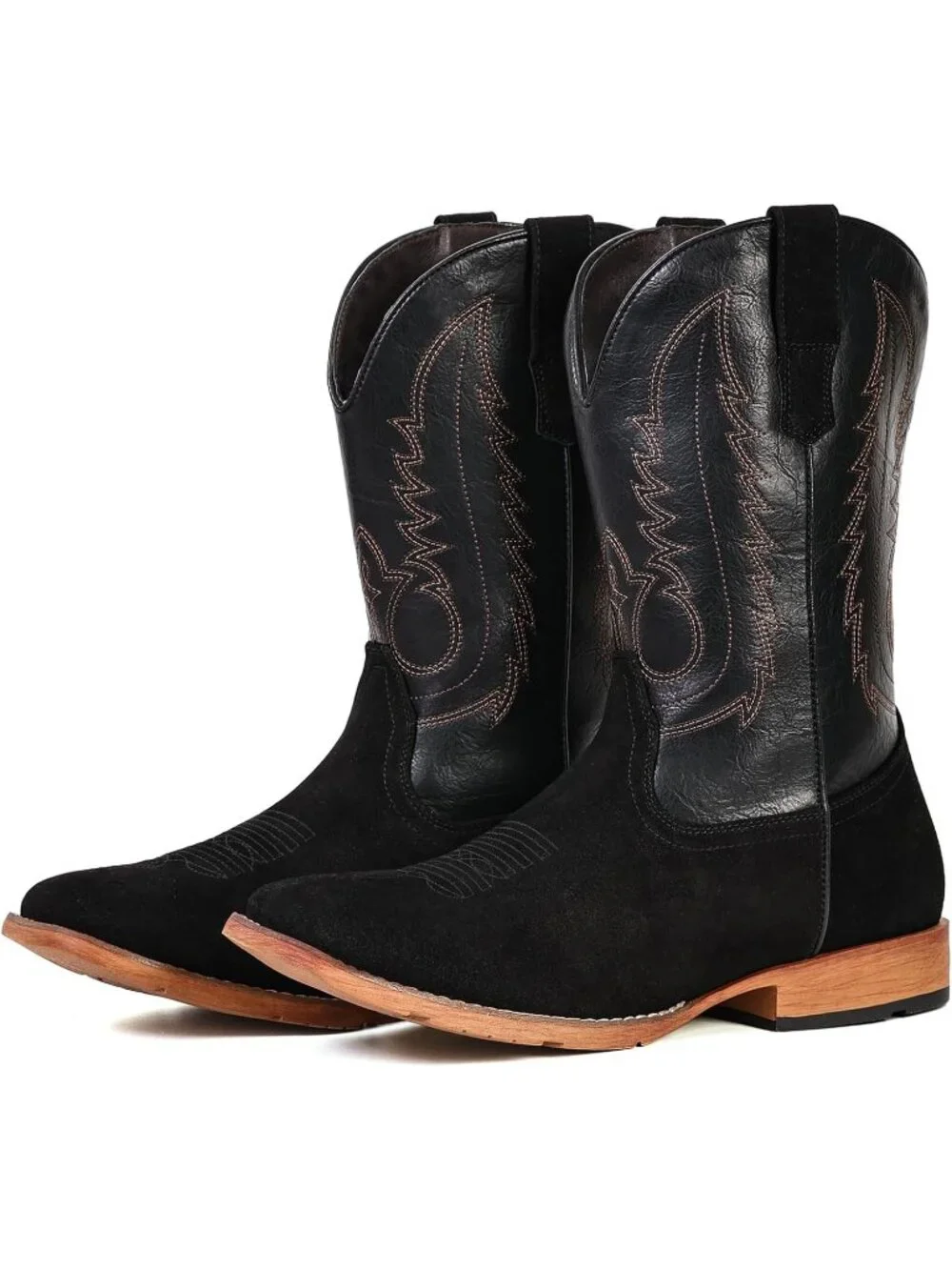 Men's Black Square Toe Western Pull On Durable Classic Embroidered Cowboy Boots